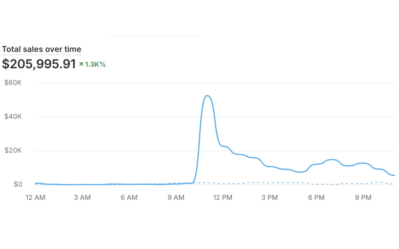 Shopify total sales over time across one day for a creator line sold inside one of our brands, showing $205,995.91